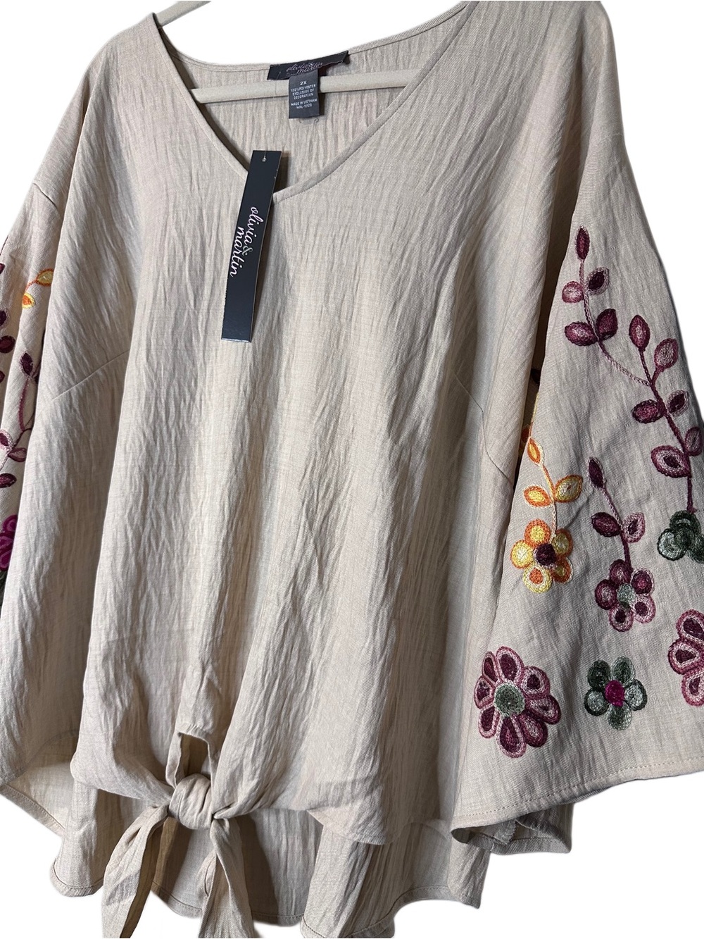 Olivia & Martin Embroidered Tie-Front V-Neck Blouse in Beige, 2X NWT - Picture 3 of 5